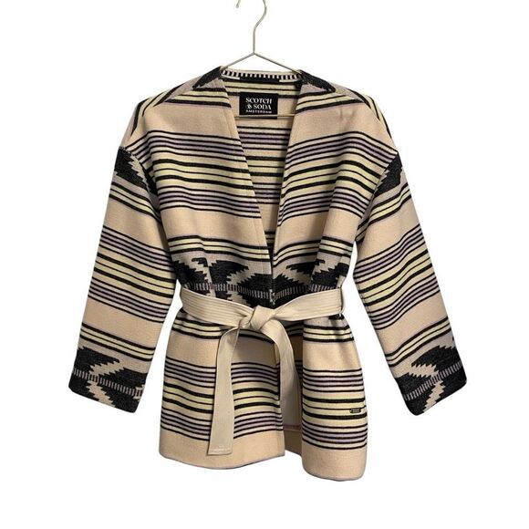 Scotch & Soda Ikat Jacquard Blanket Wrap Belted Coat Wool Blend Size XS - Picture 1 of 9